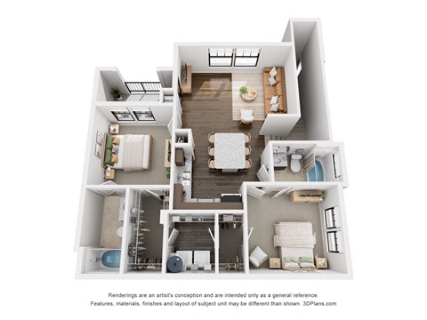 a stylized floor plan with a bedroom and living room